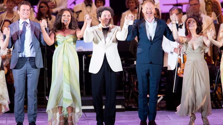 "Sondheim on Sondheim" at the Hollywood Bowl with, from left, Jonathan Groff, Vanessa Williams, Gustavo Dudamel, Jesse Tyler Ferguson and Ruthie Ann Miles. (Mathew Imaging / L.A. Philharmonic)