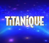 Titanique text logo with a sparkling, blue disco background