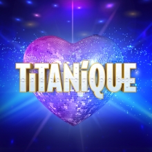 A silver heart-shaped disco ball shines against a sparkling dark blue background with the TITANIQUE text logo in the foreground