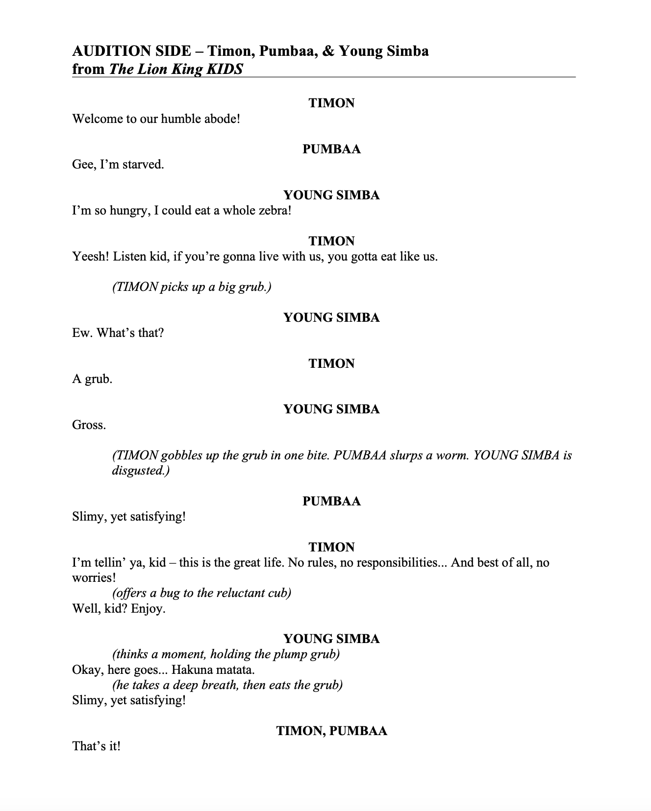 Audition Side Timon and Pumbaa and Young Simba
