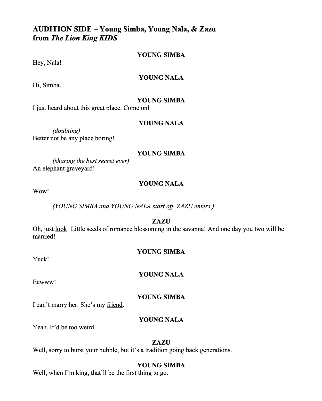 Audition Side Young Simba Young Nala and Zazu