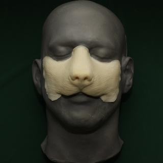 A foam latex wolf nose prosthetic placed on a platic human face cast.