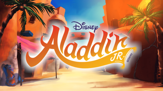 A curtain warmer of a desert marketplace and Disney's Aladdin JR logo