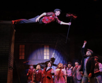 A Chimney Sweeper flying above an astonished crowd