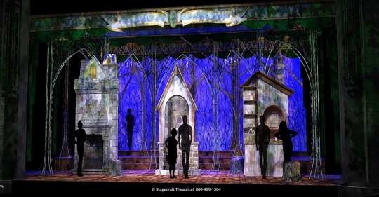 Into the Woods set rental - Act Two Opening with houses - Stagecraft  Theatrical - 800-499-1504