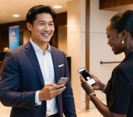 Two smiling people with their phones out