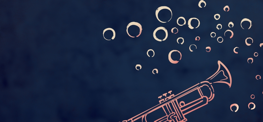 Dark blue background with bubbles and a trumpet illustrated in pale pink