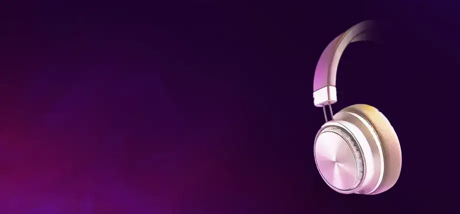 A pair of shiny, light purple headphones against a dark purple gradient background