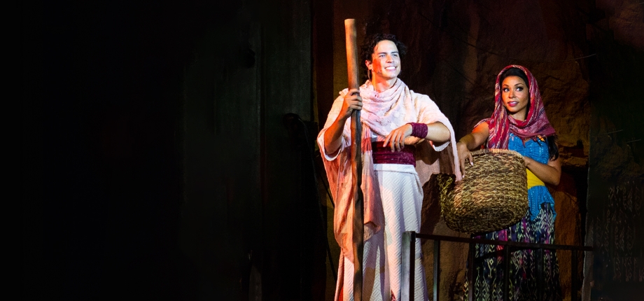 Jacob Dickey as Moses, Alexis Sims as Tzipporah, Photo by Leavitt Wells / Tuacahn Amphitheatre, Prince of Egypt, 2018