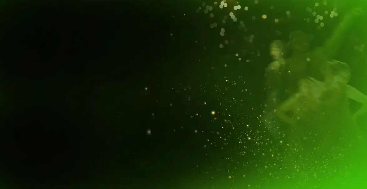 A green background with faint reflections of dancers