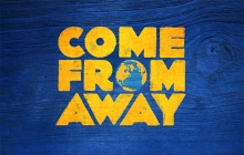 Come From Away Show logo. Yellow text on a blue background.