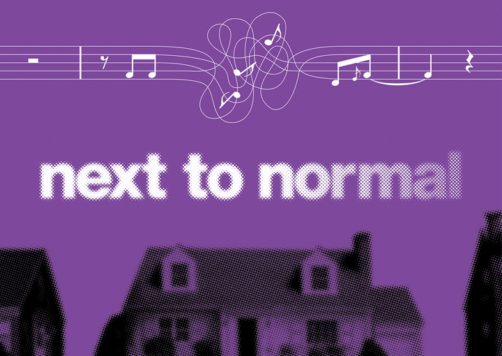 purple background with house in silhouette, next to normal text in white and music notes above